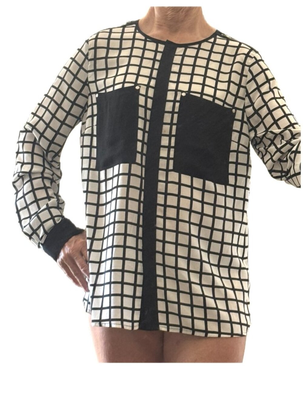 Tracy M Blouse Black and White Grid Long Sleeve Button Down Sz M